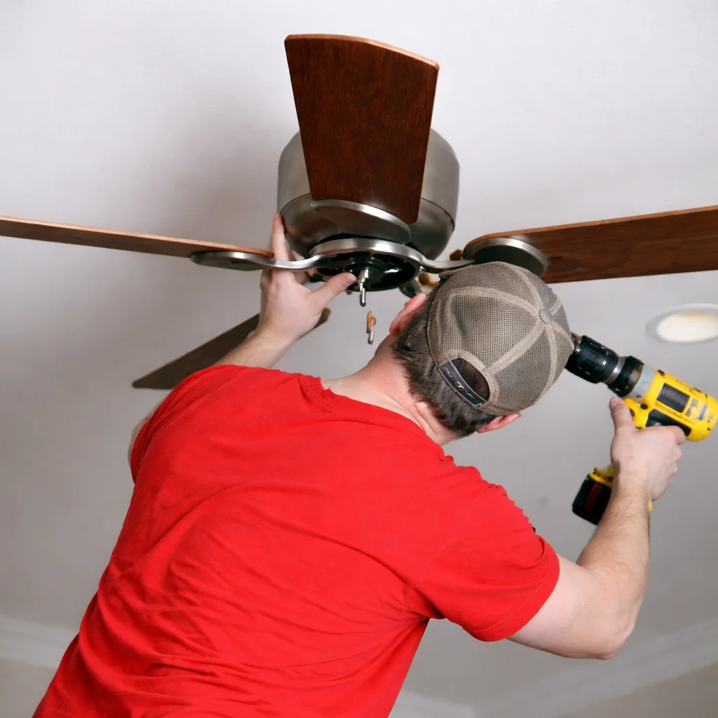 Man installing a ceiling fan with a power drill.